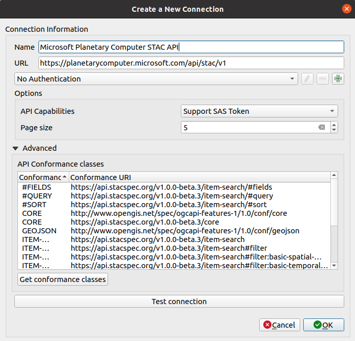 Connection dialog with a Microsoft Planetary Computer STAC API details
